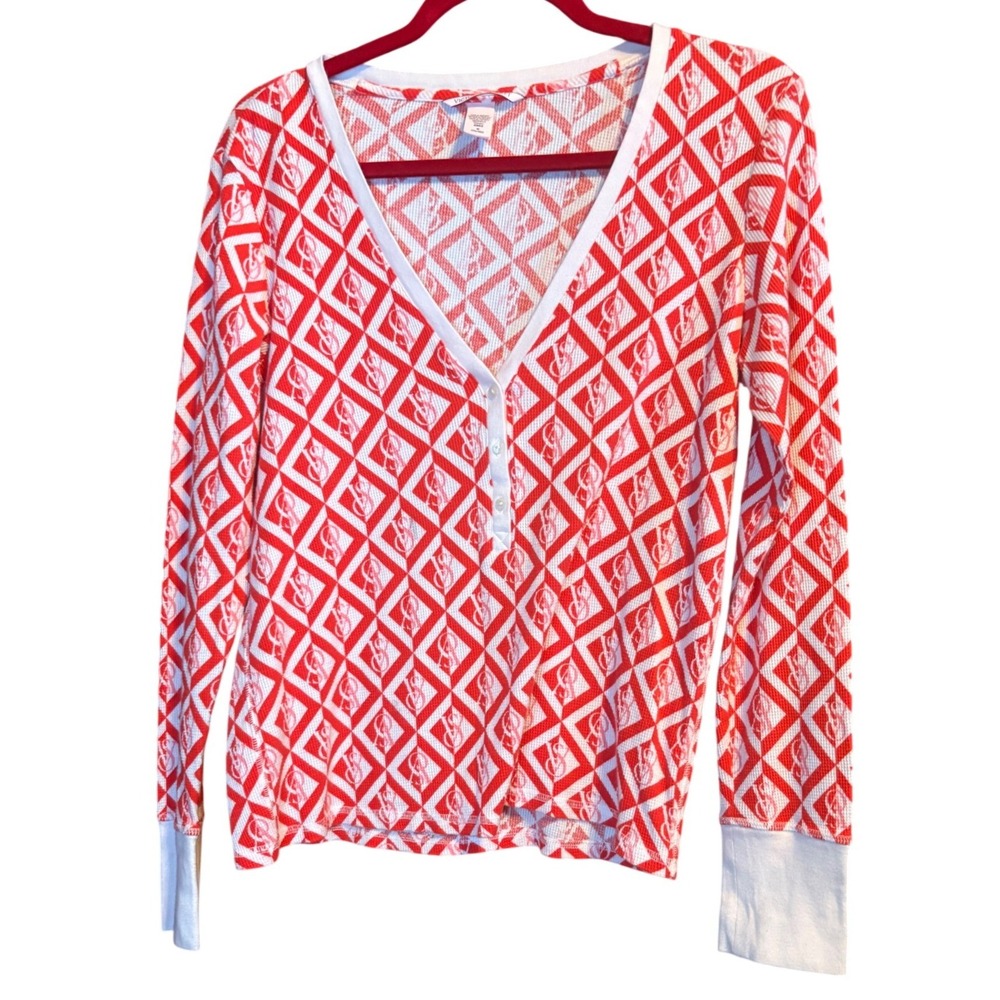 Victoria's Secret Red White Diamond Monogram Waffle Knit Pajama Set Henley M